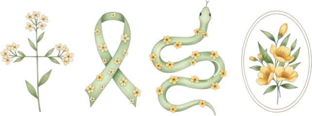 Watercolor illustration set featuring a floral cross a ribbon a winding snake adorned with small flowers and a framed yellow blossom bouquet green botanical awareness symbol transparent background
