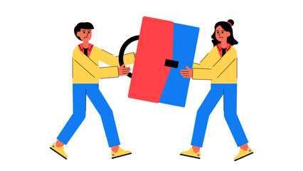 Two business people with angry expressions pulling a briefcase in opposite directions representing a disagreement or legal dispute in a partnership