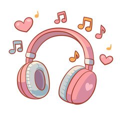 Cute pink headphones with musical notes and hearts cartoon illustration