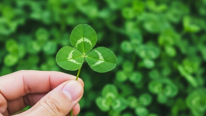 Hand holding rare four leaf clover with white spots on green background symbolizing luck and nature