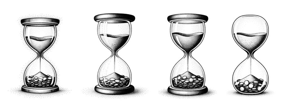 Set Of Vintage Hourglass Illustrations With Coins Falling Instead Of Sand Time Is Money Concept