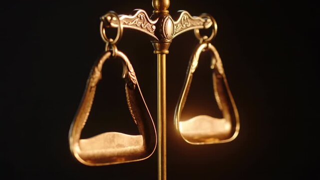 Close-up of antique brass balance scale gently swaying against dark background with warm dramatic lighting