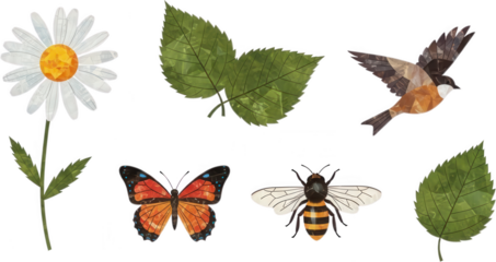A charming collection featuring a daisy flower two green leaves a flying bird a colorful butterfly and a striped bee crafted in a collage art style nature garden spring insect transparent background