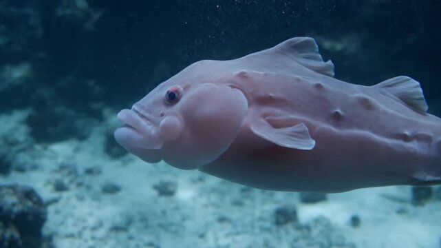 Cinematic close-up of a pink Blobfish swimming near the ocean floor, showcasing its famous gelatinous body and sad facial expression, deep sea creature concept.