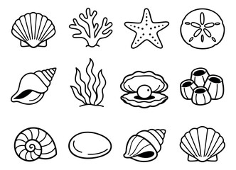 Fototapeta premium Hand drawn line art ocean elements set featuring various seashells, corals, a starfish, and a sand dollar for marine themed designs