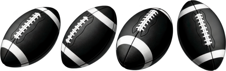 A collection of four realistic black and white American footballs shown from different angles emphasizing texture and lacing detail sport leather laces game equipment competition transparent