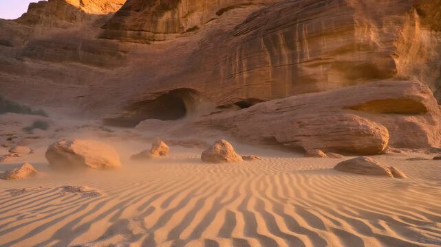 Dramatic golden hour desert landscape with sandstone cliffs rippled dunes and blowing sand in a canyon