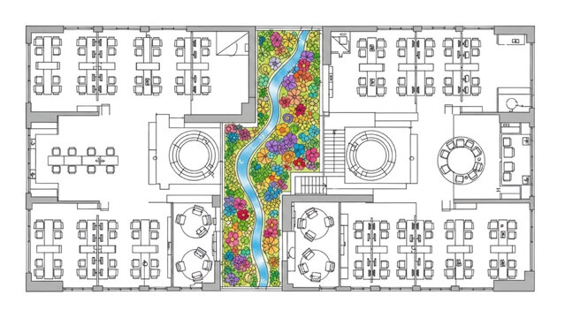 High-quality black continuous line art of an open-plan office top-view layout with workstation clusters and meeting pods, colorful indoor garden and water path, modern workspace illustration