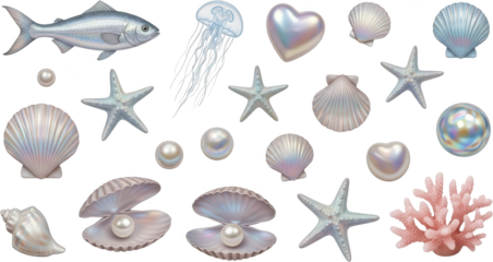 Collection of iridescent seashells starfish pearls a silver fish a jellyfish and pink coral elements from the ocean marine mollusk bivalve treasure nature aquatic scallop transparent background