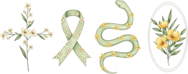 Watercolor floral elements including a cross shape awareness ribbon sinuous snake and bouquet inside an oval frame nature plant flower green yellow bloom serpentine reptile transparent background