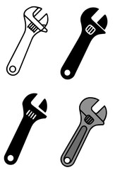 Monkey wrech illustration icon in outline, silhouette, and colored versions