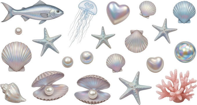 Collection of iridescent seashells starfish pearls a silver fish a jellyfish and pink coral elements from the ocean marine mollusk bivalve treasure nature aquatic scallop transparent background