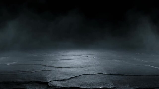 Dark empty stone floor background with dramatic fog and focused lighting for product placement or abstract design
