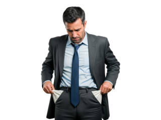 Bankrupt businessman showing empty pockets looking down