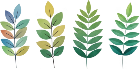 Four delicate stylized plant stems with multiple pairs of small colorful watercolor textured leaves arranged symmetrically along a dark central stalk foliage leaf nature spring transparent background