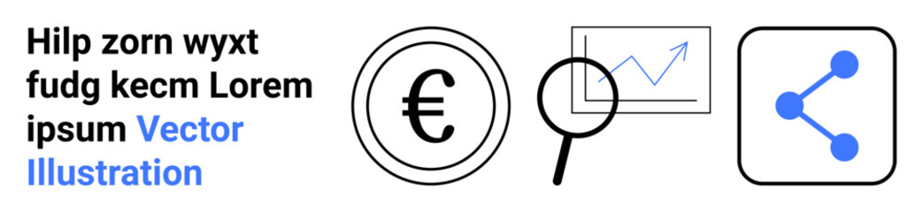 Obraz premium Business finance, data analysis, digital marketing, communication, technology, online transactions. Euro symbol, magnifying glass over a graph and a share icon. Business finance and data analysis