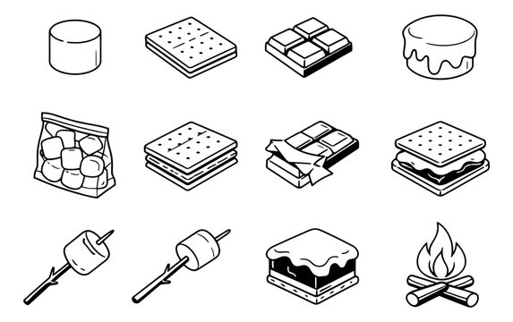 Hand drawn line art s'mores ingredients set featuring marshmallows, chocolate, graham crackers, and a campfire for outdoor adventures