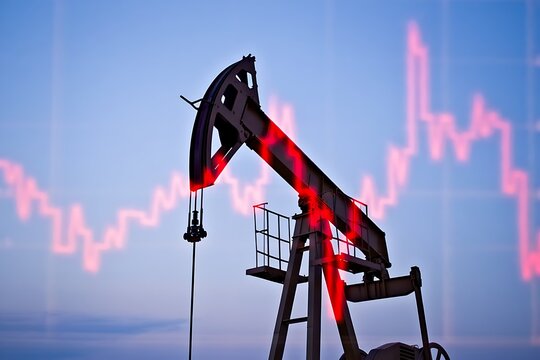 Financial forecasting concept in energy trading featuring oil pump silhouette and data visualization, representing market analysis, investment strategy, commodity trends, and digital economic growth. - Powered by Adobe