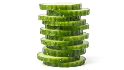 Stack of fresh green cucumber slices with water droplets