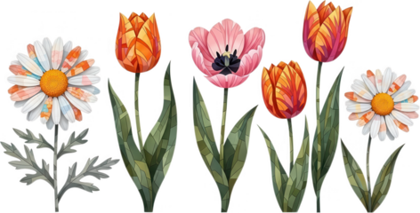 A group of stylized spring flowers featuring colorful tulips and white daisies rendered in a geometric mosaic like artistic pattern with green leaves daisy bloom floral orange transparent background