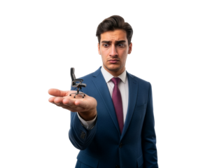 Confused businessman holding a tiny office chair in his palm