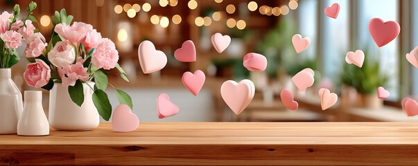 Romantic pink floral table decor with floating heart motifs in a warm indoor setting