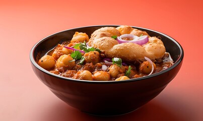 Indian chole bhature dish with crispy fried bread and onions on a warm gradient background
