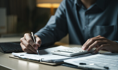 Financial accounting and business analytics concept with professional calculating data using calculator and reports, representing ERP systems, finance management, analytics dashboards, and making.