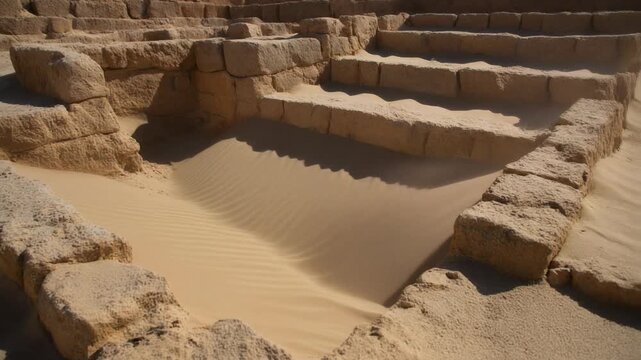 Ancient stone ruins engulfed by desert sand showing intricate wind ripples and weathered architectural steps in strong sunlight