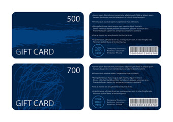 Dark blue gift card templates front and back designs with placeholder text. Graphic design layout for corporate branding, retail promotions, gifts, and loyalty programs.