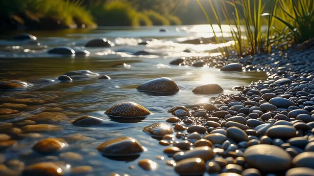 Sunlit stream flowing over wet river stones and pebbles at golden hour