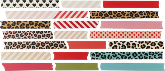 Fototapeta premium Assortment of decorative adhesive tapes featuring various patterns like leopard print stripes polka dots hearts and solid colors washi tape craft sticker element scrapbook transparent