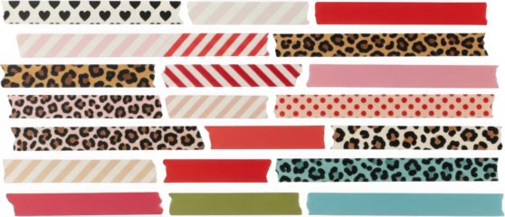 Assortment of decorative adhesive tapes featuring various patterns like leopard print stripes polka dots hearts and solid colors washi tape craft sticker element scrapbook transparent