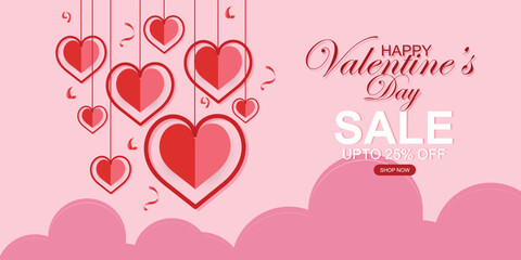 Valentine's Day special offer 25% off banner with paper cut hearts