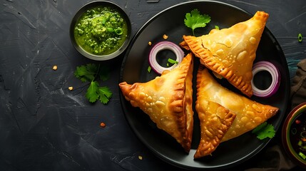 Crispy samosa served with green chutney and red onion, shot on a dark backdrop