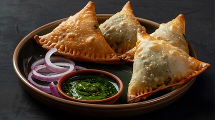 samosas on a plate with green chutney and red onion on a black background