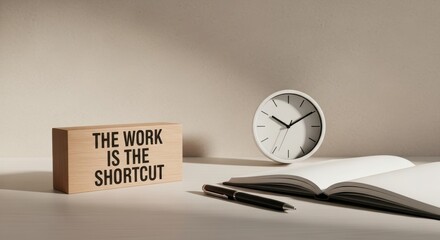 Modern desk setup with a clock, notebook, pen, and motivational quote promoting business strategy and productivity