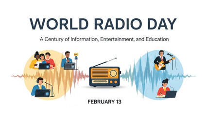Naklejka premium A colorful illustration celebrating World Radio Day with people broadcasting and listening to music and information