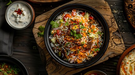 Overhead shot of chicken in ethnic butter sauce served with rice and naan
