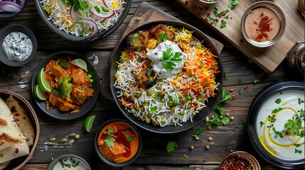 Indian food concept featuring chicken butter curry with bell peppers, rice, and naan bread