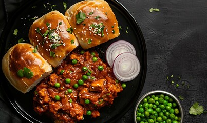 Traditional pav bhaji presentation with pav, red masala sauce, peas, and white onion slices