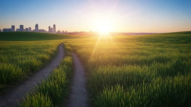 Compass on grassy path to city.