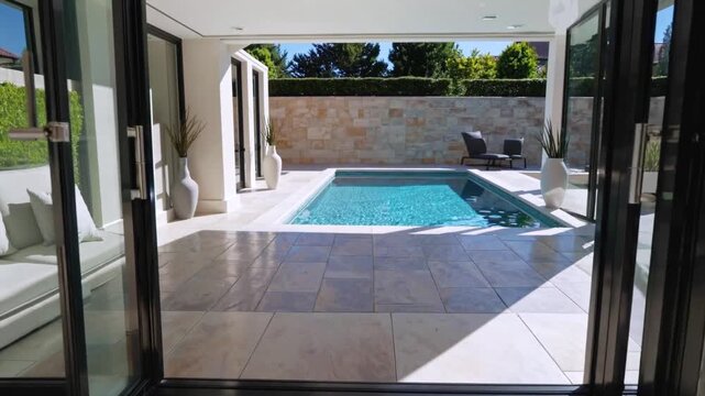 Chic Indooroutdoor Living, Open Plan Space With Pool, Contemporary Lounge Blending Indoor And Outdoor, Modern Residential Area Featuring Seamless Transition Between Living Room And Private Pool Area