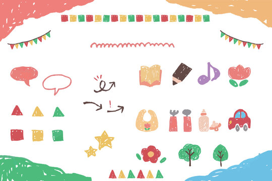 幼稚園・保育園・小児科向け キッズ素材セット｜色鉛筆風元気なデザイン
Kids Illustration Set for Kindergarten, Nursery & Pediatric Clinic | Energetic Colored Pencil Style
