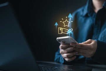 Plakat Loyalty rewards and redeem points concept on mobile app, showing customer engagement, bonus benefits, cashback, and membership rewards that increase satisfaction and long-term brand loyalty.