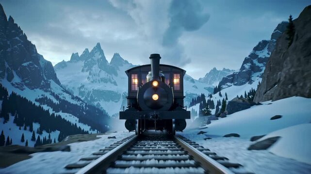 Steam locomotive approaching on snowy mountain railway with smoke plume, front view in winter landscape