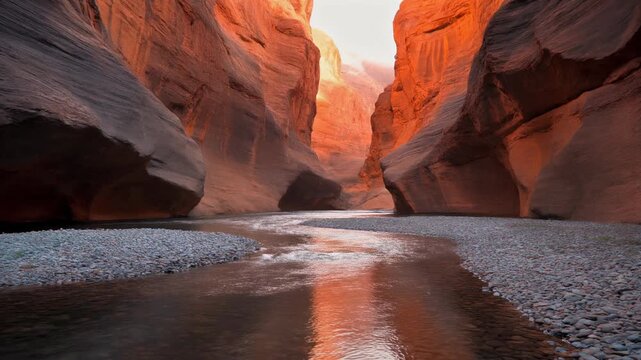 Dramatic view of a river winding through a narrow slot canyon with towering orange sandstone walls bathed in the warm light of sunrise or sunset.