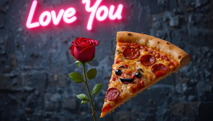 Creative Pizza Slice and Rose Love Concept with Romantic Text