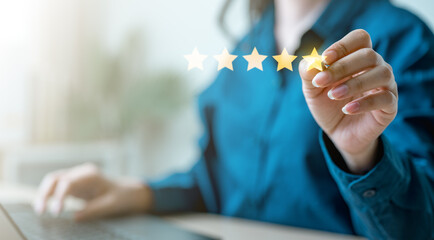 Quality assurance and customer satisfaction concept with five star rating interface, representing...