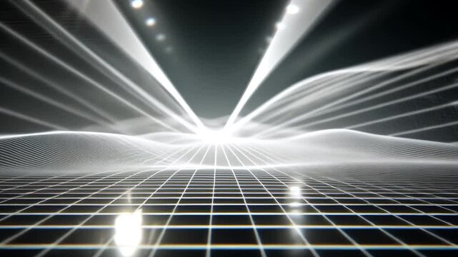 Glowing white grid lines intersect on a dark background with spotlights shining down.